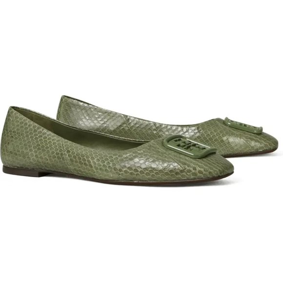 NIB Tory Burch Georgia Ballet Snake Embossed Leather Palm Leaf Green US 9 AUTHNT - Picture 1 of 16